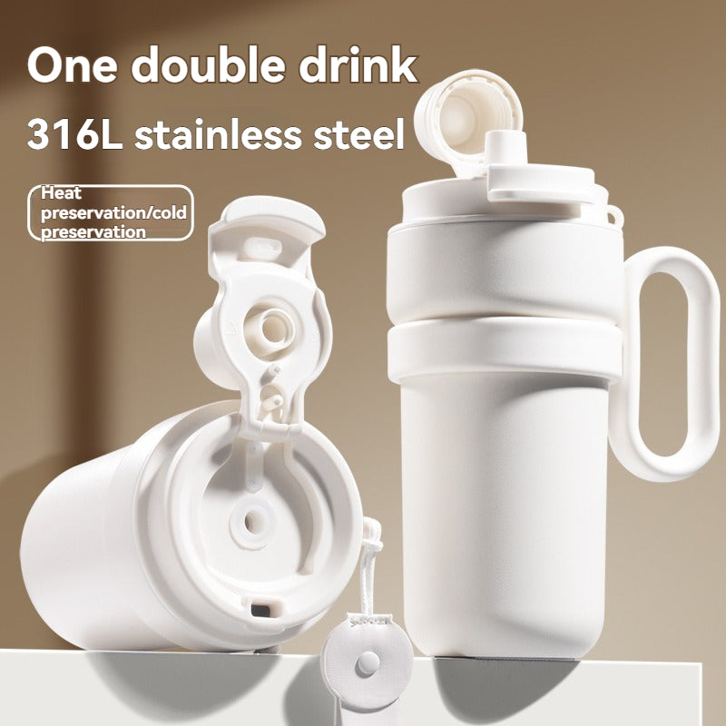 316 Steel Thermos Coffee Cup - 480ML Dual-Drink w/ Handle